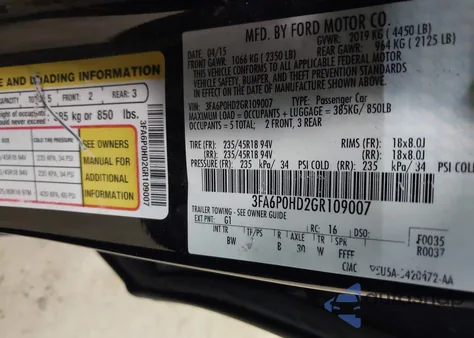 2016 Ford Fusion Se z USA, uszkodzony, nr VIN 3FA6P0HD2GR109007